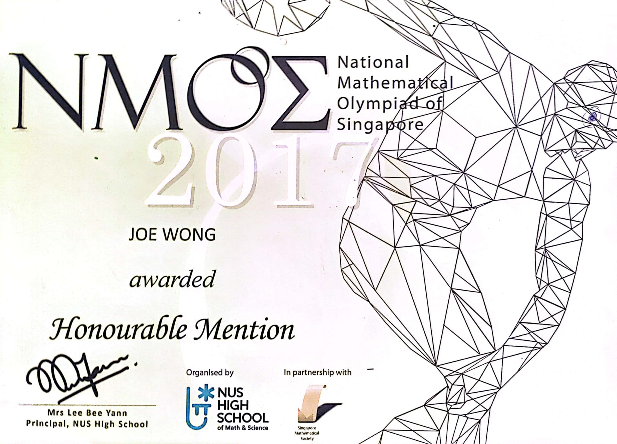 Certificate of National Mathematical Olympiad of Singapore